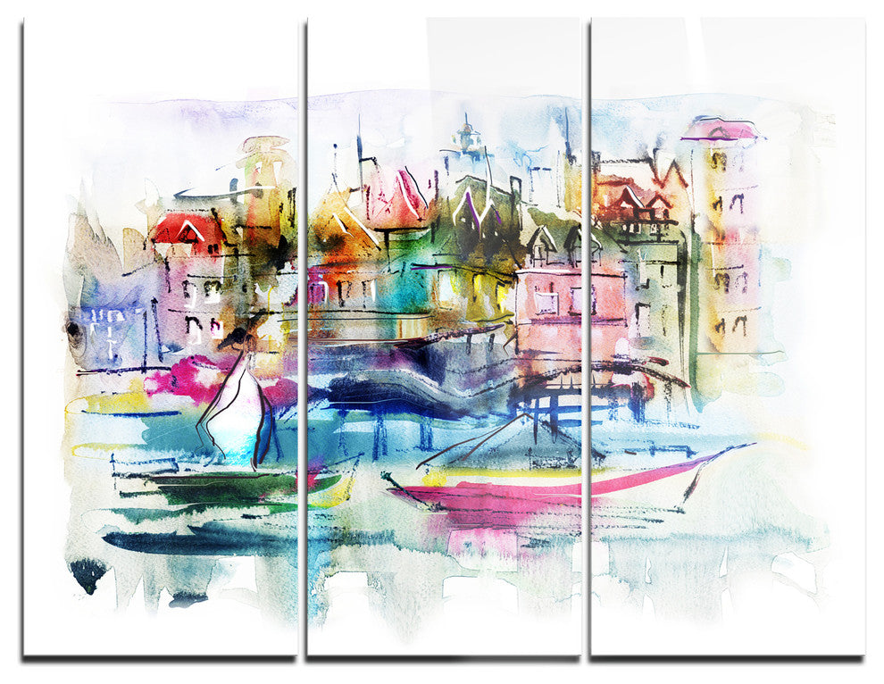 "Houses and Boats" Glossy Metal Wall Art, 3 Panels, 36"x28"