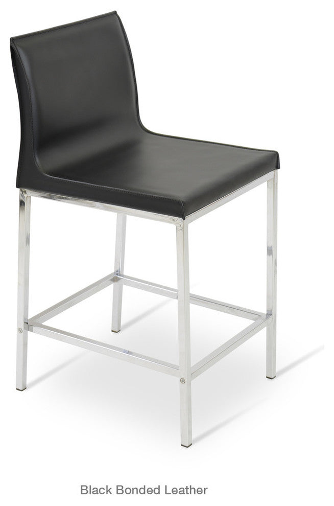 Polo Chrome Stools, Chrome Base, Black Bonded Leather