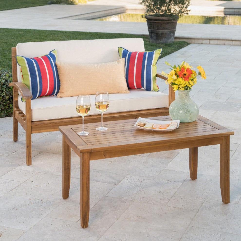 GDF Studio Keanu Outdoor Acacia Wood Loveseat and Coffee Table Set With Cushions, Beige