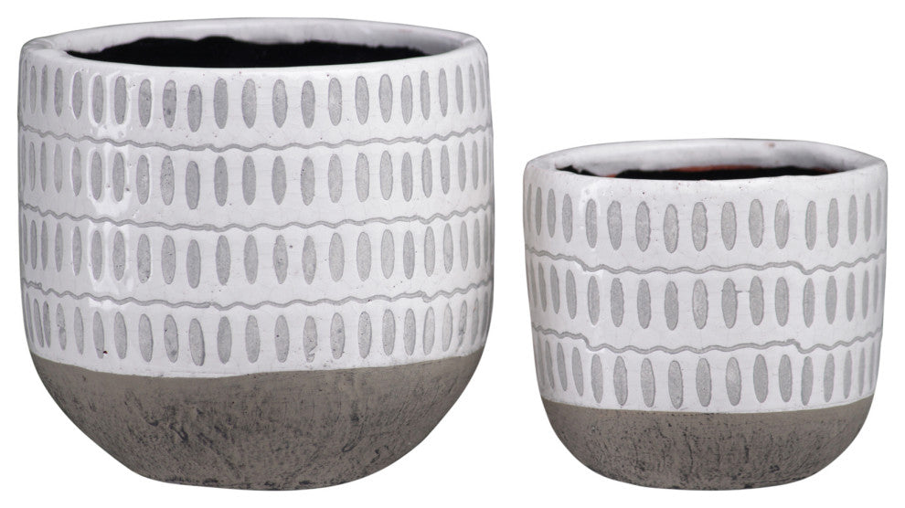 Round Ceramic Pot With Gray Oval Pattern Design, Gloss White, Set of 2