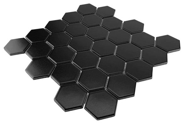 Gio Black Matte 2" Hexagon Porcelain Mosaic Tile, 1 Sheet