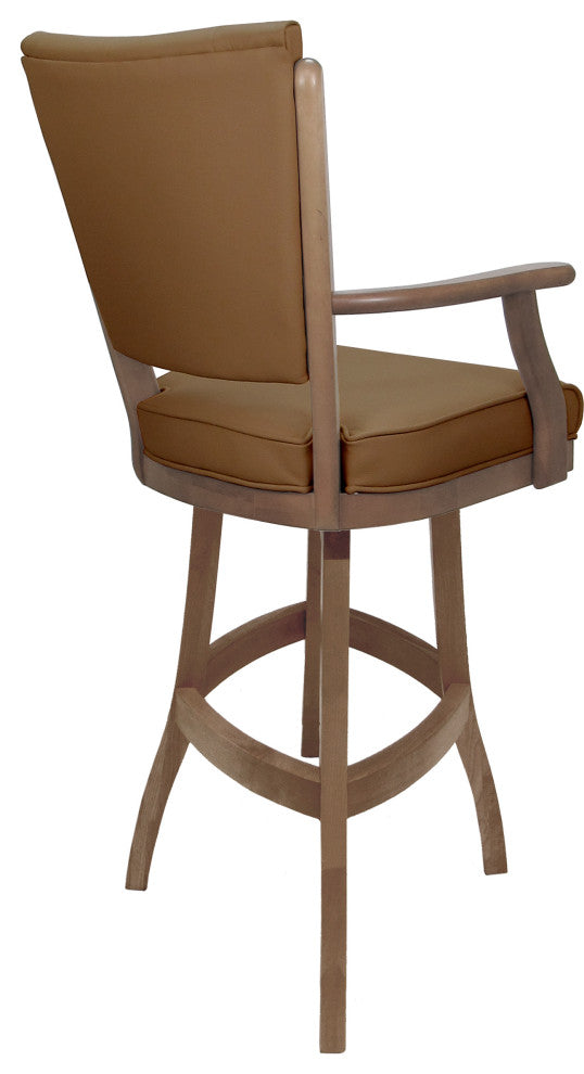 Leather Swivel Wood Bar Stool Classic on S-Base, Brown Leather on Cashew, 34"
