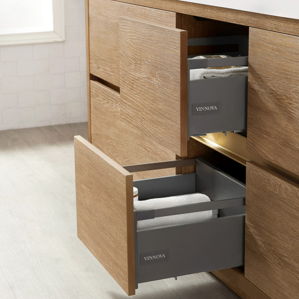 Huesca Bath Vanity, Integrated Sink Top, North American Oak, 84", Without Mirror