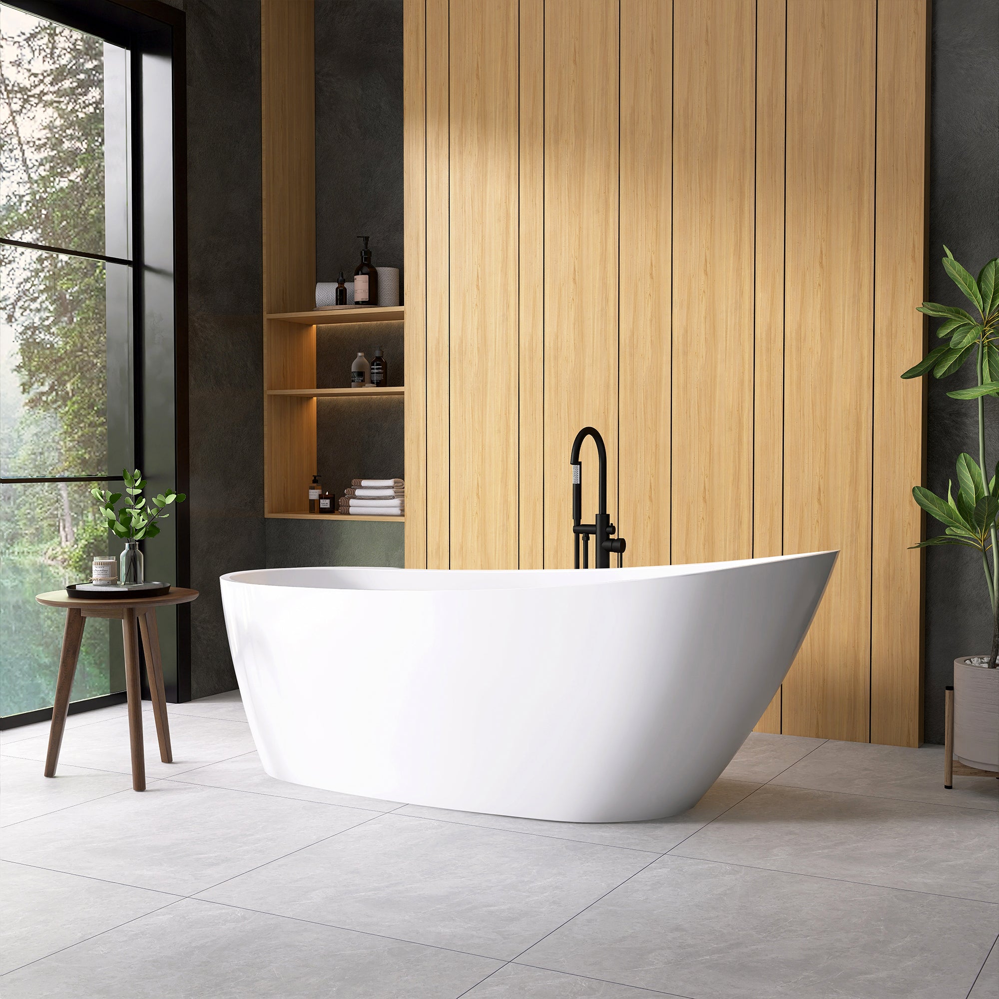 Lahore Freestanding Acrylic Soaking Bathtub, White, 66.9"l X 29.1"w