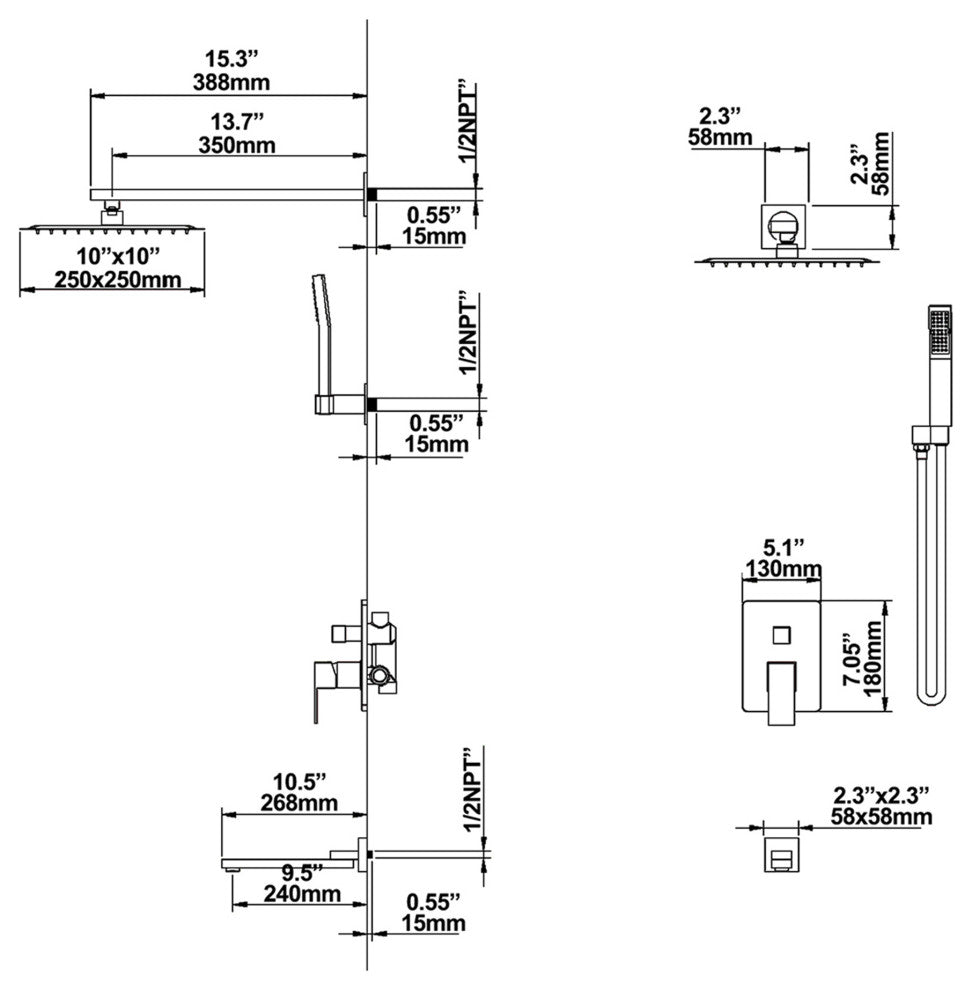 Pressure Balanced Water-Saving 3-Function Rain Shower System with Rough-in Valve