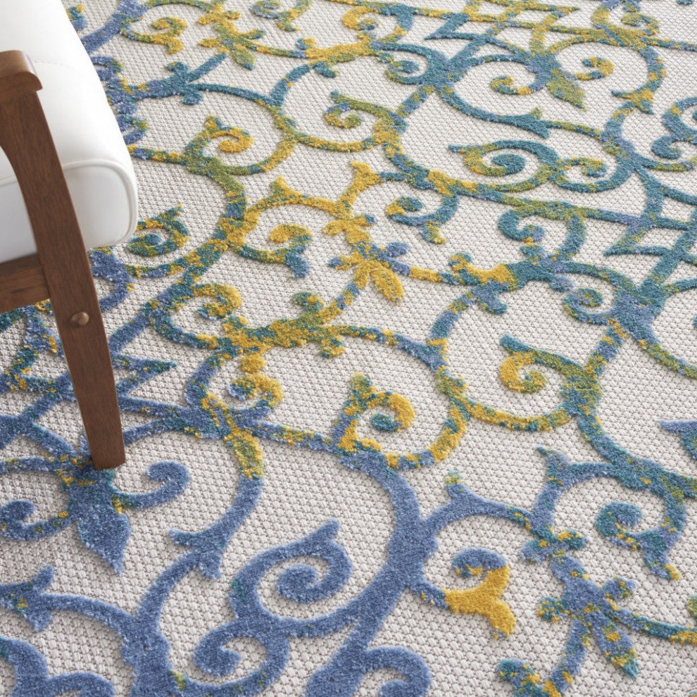 7 x 10 Ivory and Blue Indoor Outdoor Area Rug