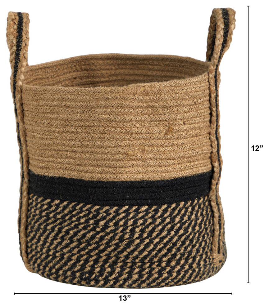 13" Boho Chic Basket Natural Jute Basket Planter, Black Bottom With Handles