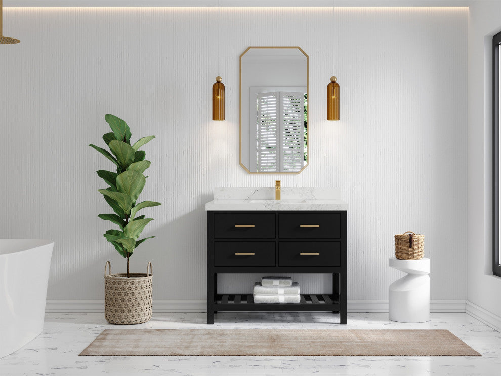 Parker 42" Single Sink Bath Vanity, Black 2" Calacatta Nuvo