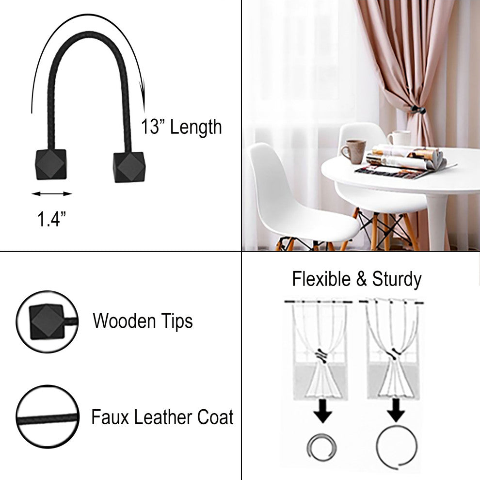 Faux Leather Curtain Tiebacks with Wooden Tips "“ No Installation Needed, Black, Pack of 1