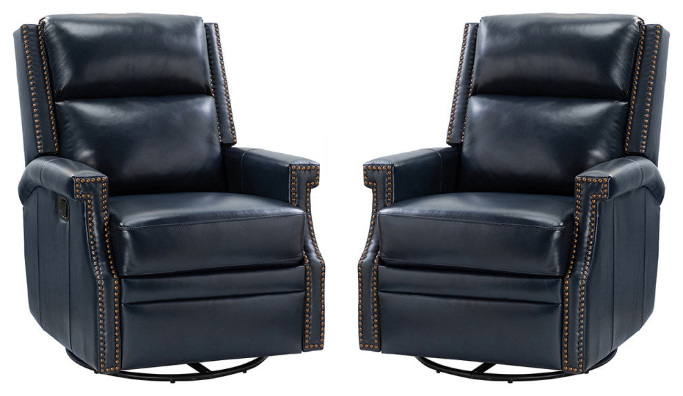 Genuine Leather Swivel Rocker Recliner, Set of 2, Navy