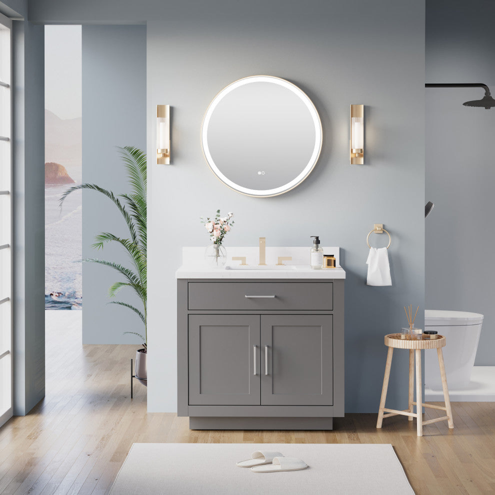 Round LED Bathroom Vanity Mirror, Defogger and Dimmer, ETL-listed, 28"x28", Brushed Gold