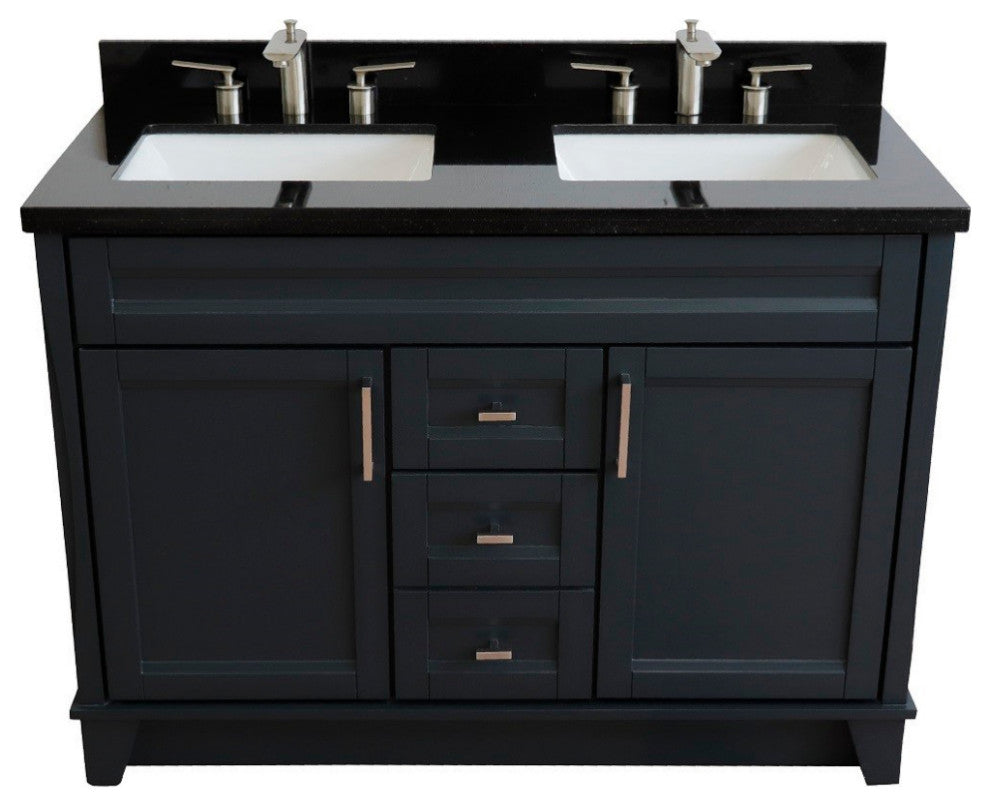 48" Double Sink Vanity, Dark Gray Finish With Black Galaxy Granite