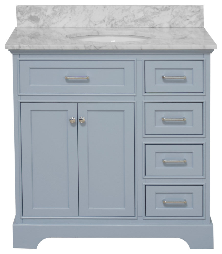 Aria 36" Bathroom Vanity, Powder Blue, Carrara Marble