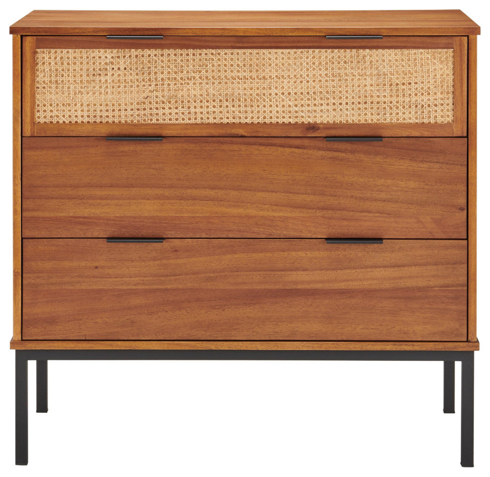 Tropical Dresser, 3 Spacious Drawers, 1 with Cane Webbing Front, Warm Walnut