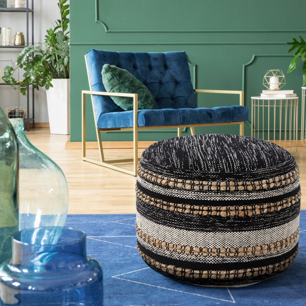 Modern Boho Striped Jute Pouf Ottoman
