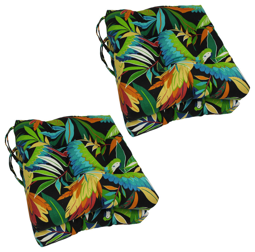 16" Outdoor Spun Polyseter Square Tufted Chair Cushions, Set of 4, Black/Blue