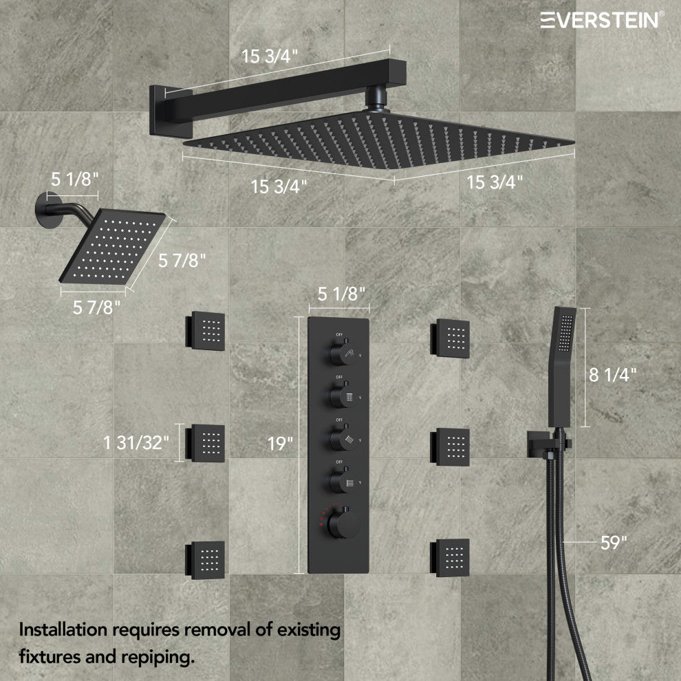 Dual Heads 16" Thermostatic Shower System With Hand Shower, Matte Black