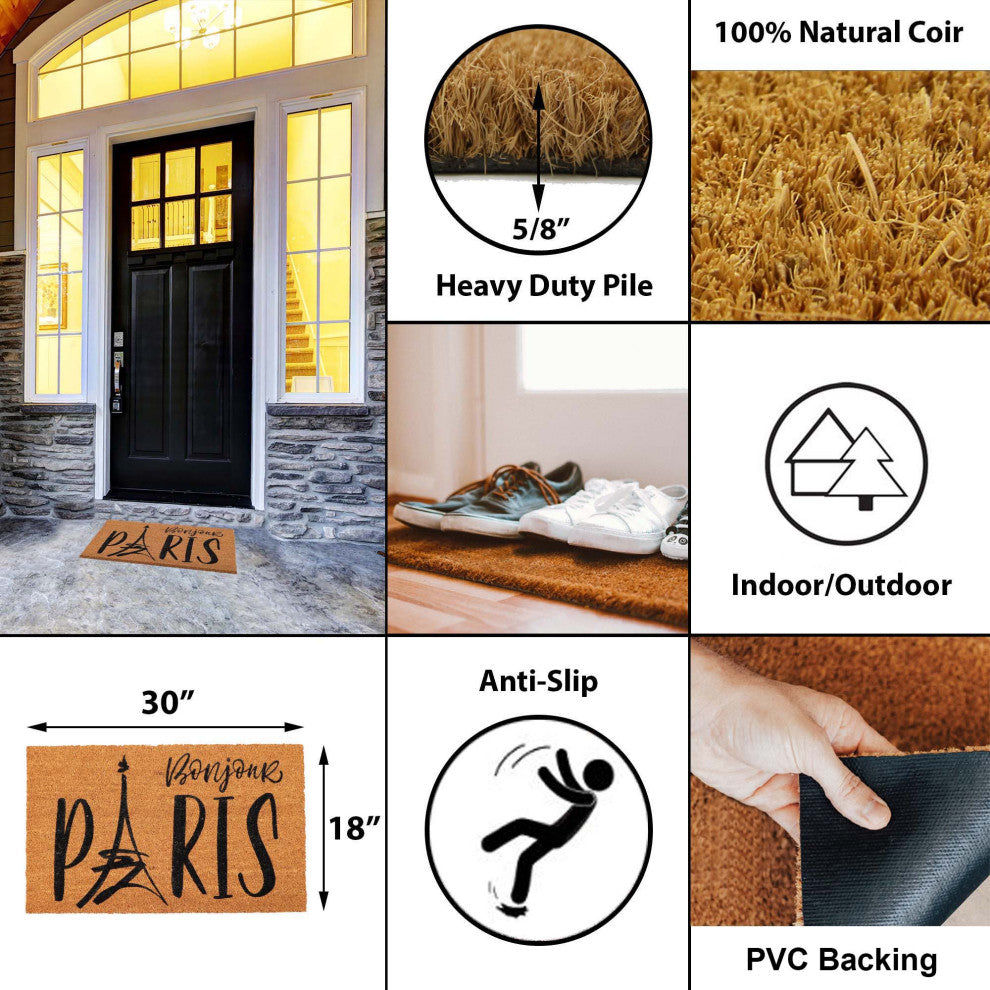 Sheltered Coconut Door Mat Printed, 30x18, Bonjour Paris
