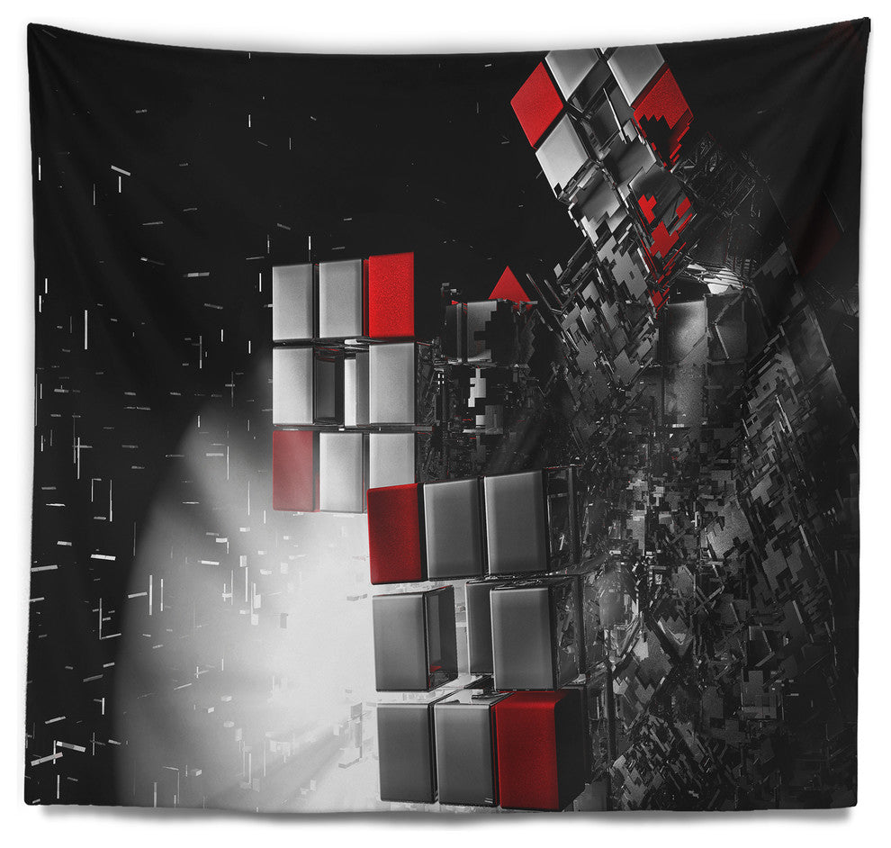 Fractal 3D Red White Cubes Contemporary Wall Tapestry, 39"x32"
