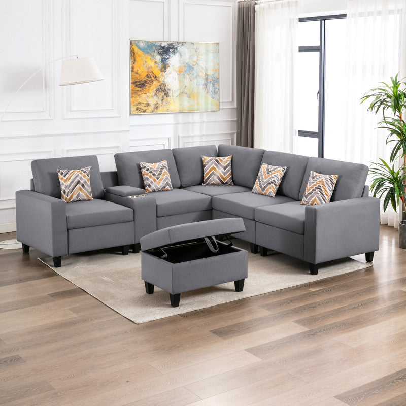 Nolan Gray Linen 7Pc Reversible Sectional Sofa, Storage Console Table, 89425-17B