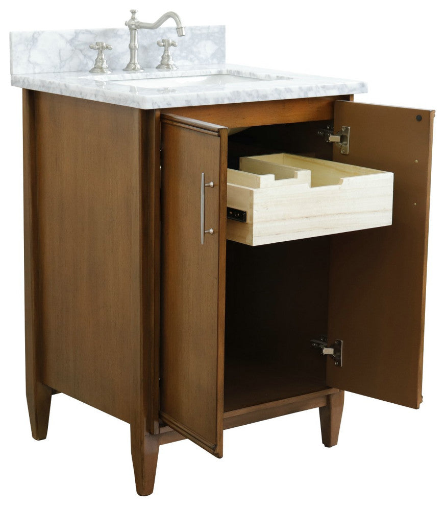 25" Single Sink Vanity, Walnut Finish With White Carrara Marble