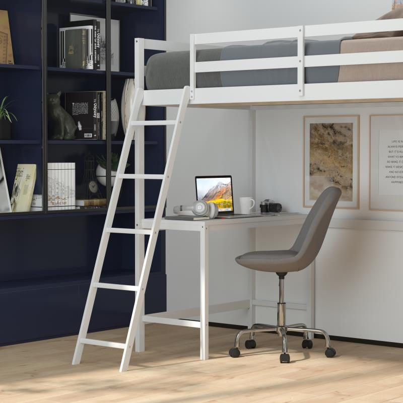 Riley Loft Bed Frame with Desk, Frame, Guard Rails & Ladder for Kids and Teens, White, Twin