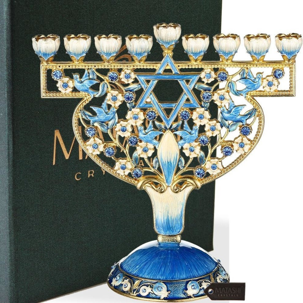 Hand Painted Enamel Menorah Candelabra With Doves and Flowers