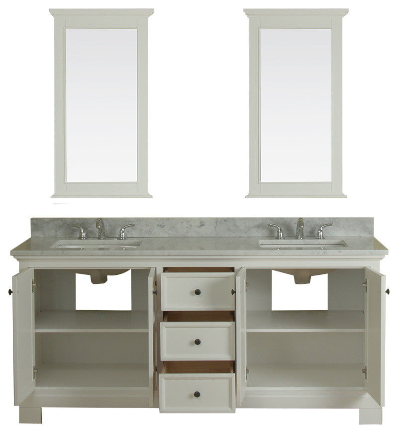 Richmond 72" Double Vanity in White, Carrera Marble Top and Mirror