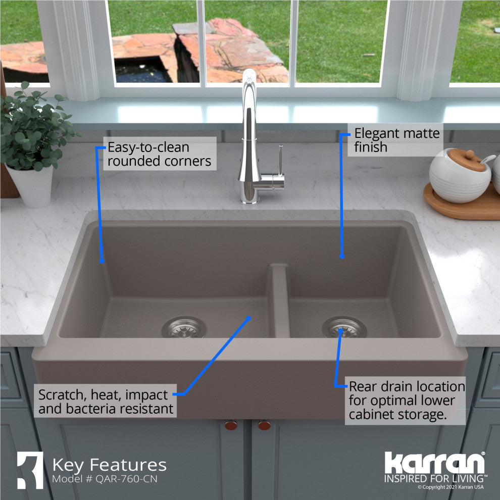Karran Retrofit Farmhouse Quartz 34" Double Offset Bowl Sink Kit, Concrete