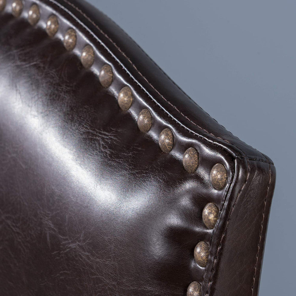 2 Pack Bar Stool, Espresso Finished Legs With Brown Faux Leather Seat & Nailhead