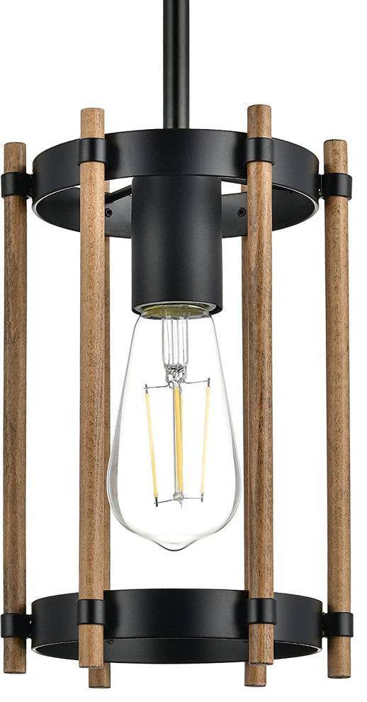 Simplicity Farmhouse Pendant Light, Black, Cage, Wood