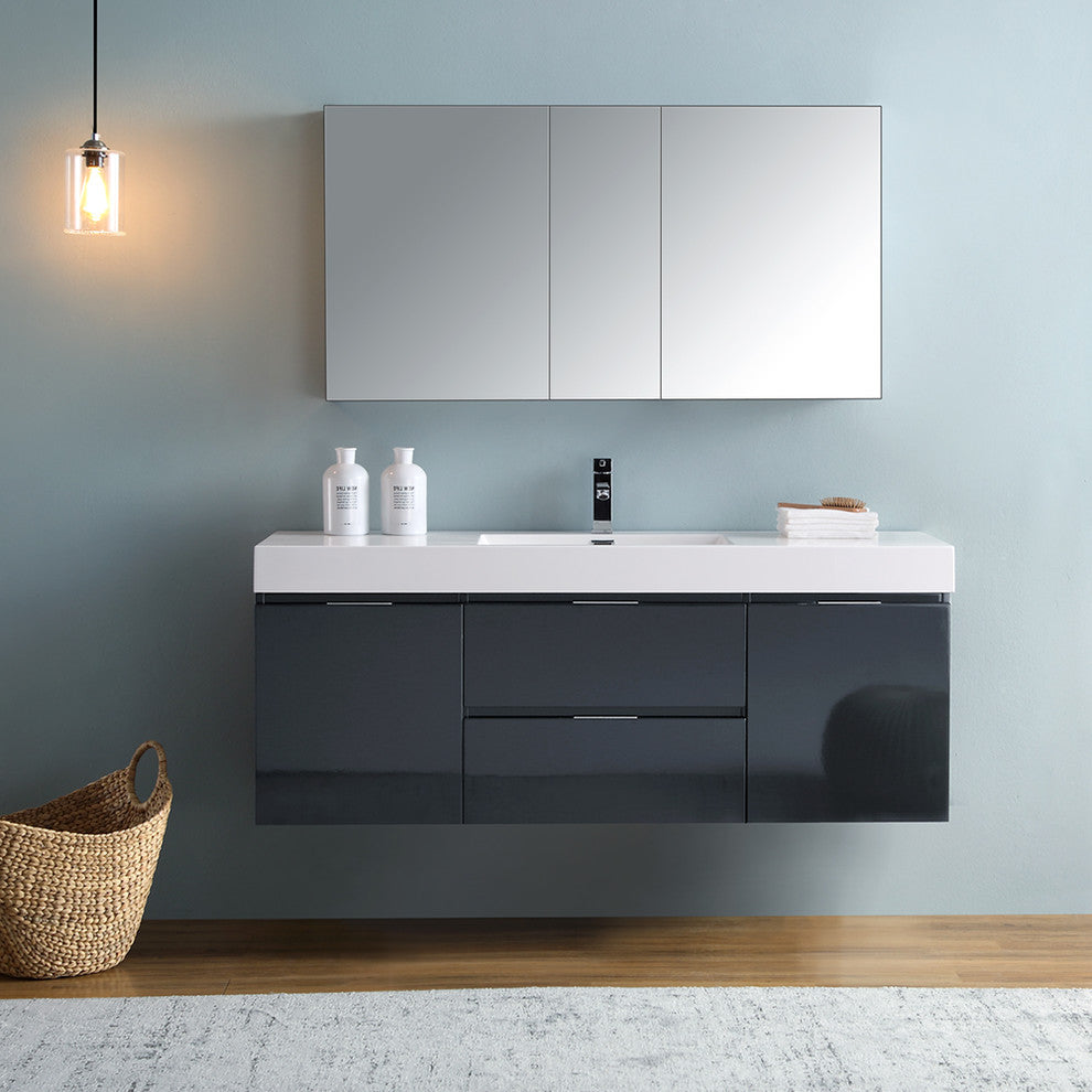 Valencia 60" Dark Slate Gray Wall Hung Vanity Set, Cabinet, Faucet FFT1030CH