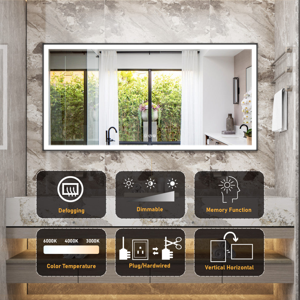 Framed LED Mirror, Dimmer, Defogger, Color Temperature, Matte Black, 72"x36"
