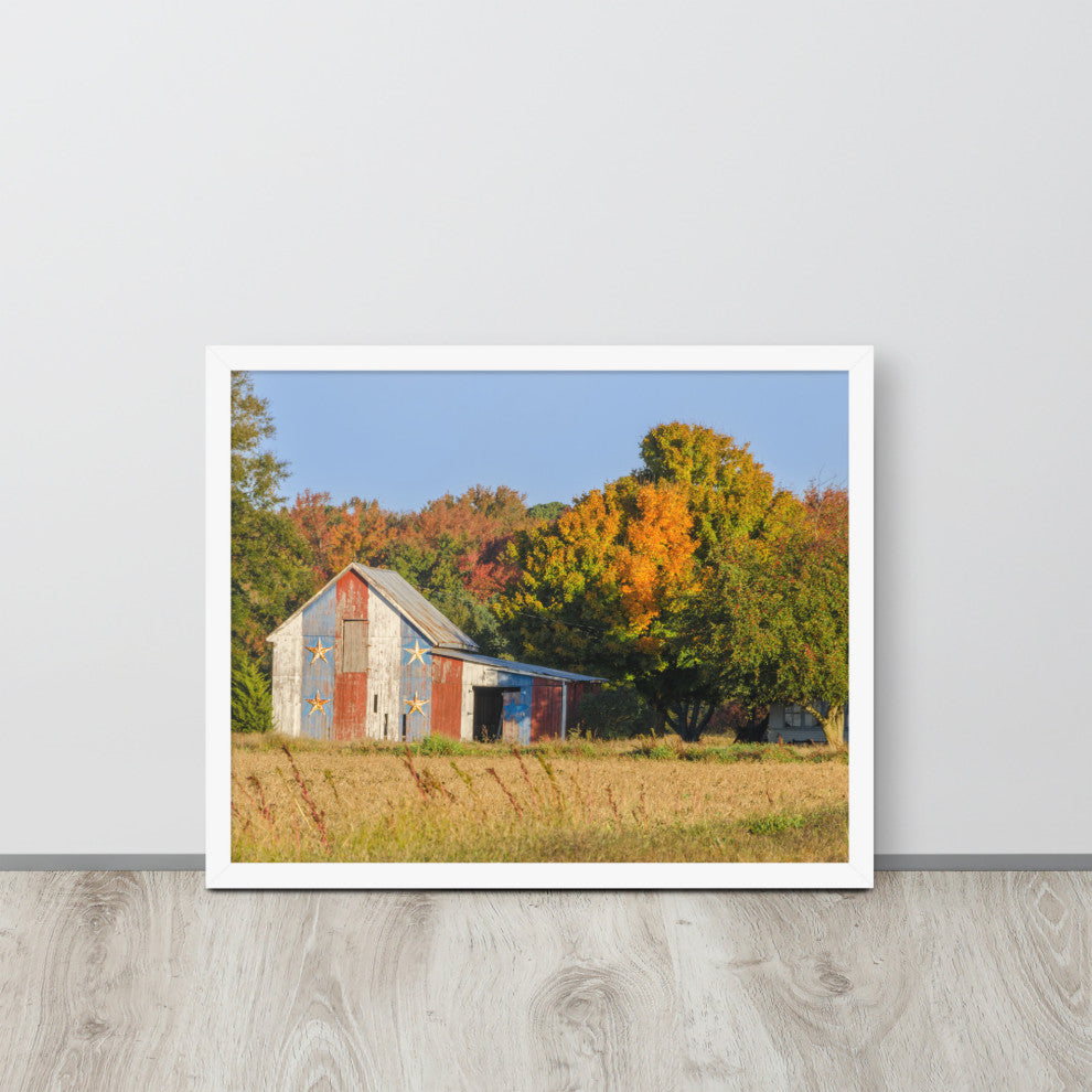 Patriotic Barn in Field Rural Landscape Framed Photo Paper Wall Art Prints, White, 16" X 20"