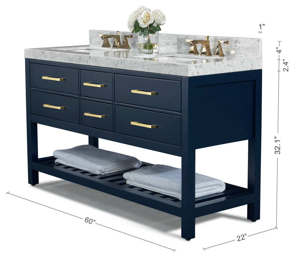Elizabeth Bath Vanity, Heritage Blue, 60", Gold Hardware, No Mirror