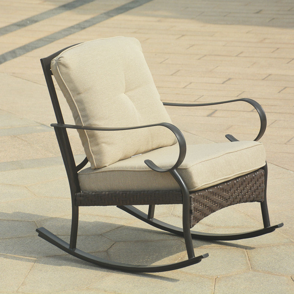 HomeRoots 25" X 33" X 34" Black Steel Patio Rocking Chair With Beige Cushions