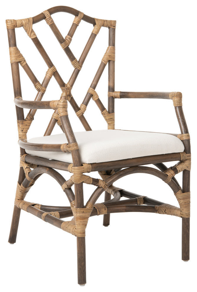 Rattan Chippendale Upholstered Dining Armchairs, Antique Brown, Set of 2