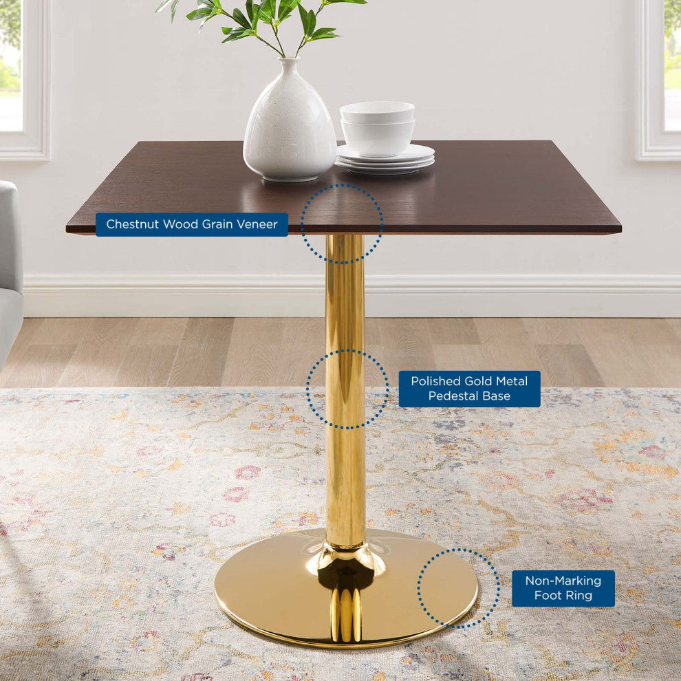 35" Dining Table, Square, Gold Walnut, Metal, Modern Bistro Hospitality