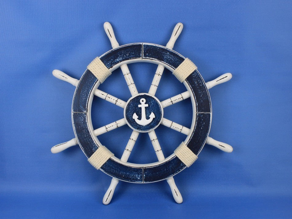 Rustic Decorative Ship Wheel With Anchor, Dark Blue, 18"