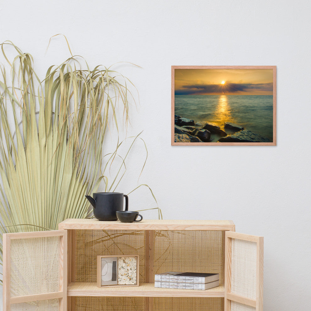 Sun Ray on the Water Coastal Landscape Framed Photo Paper Wall Art Print, Red Oak, 18" X 24"