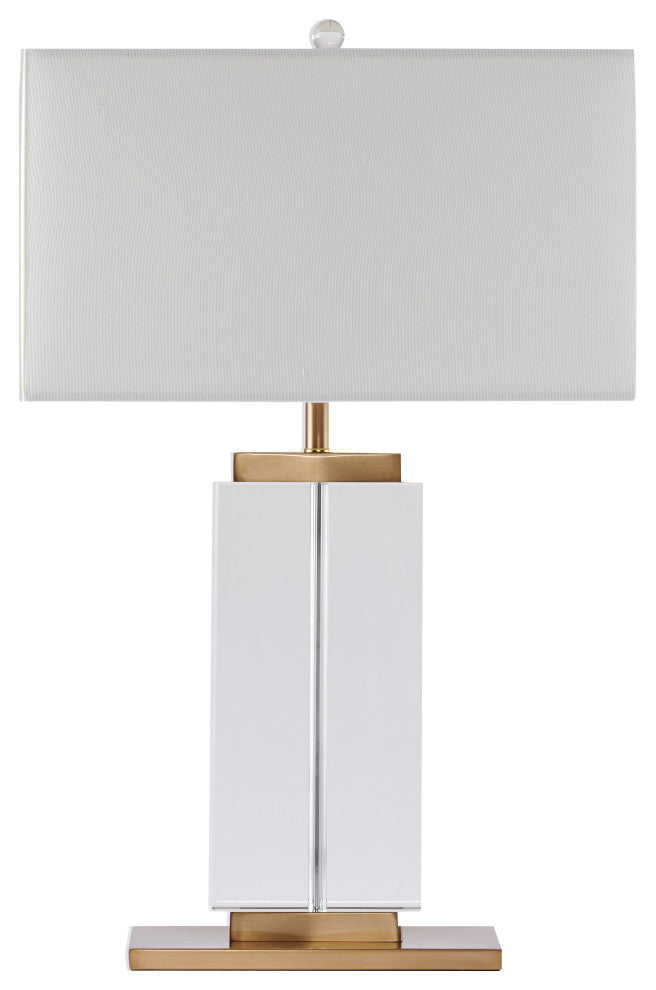Clear Crystal Column With Gold Metal Frame and White Shade Table Lamp