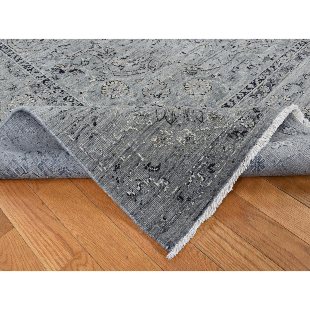 Gray Silk With Wool Erased Broken Persian Design Hand Knotted Rug 8'3"x10'1"