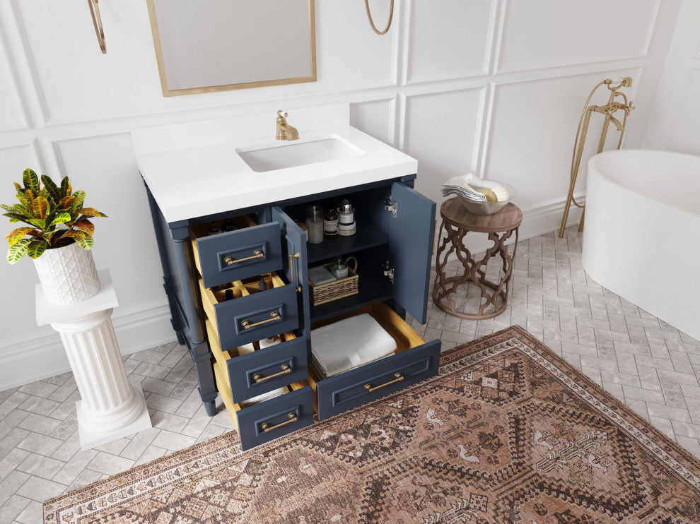 Aberdeen 36 Right Offset Bath Vanity in Hale Navy Blue  2" Carrara Marble