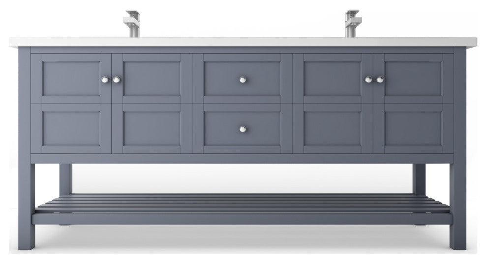 CastelloUSA Alicia 72" Freestanding Vanity Set, Gray, White Top, Chrome Handles