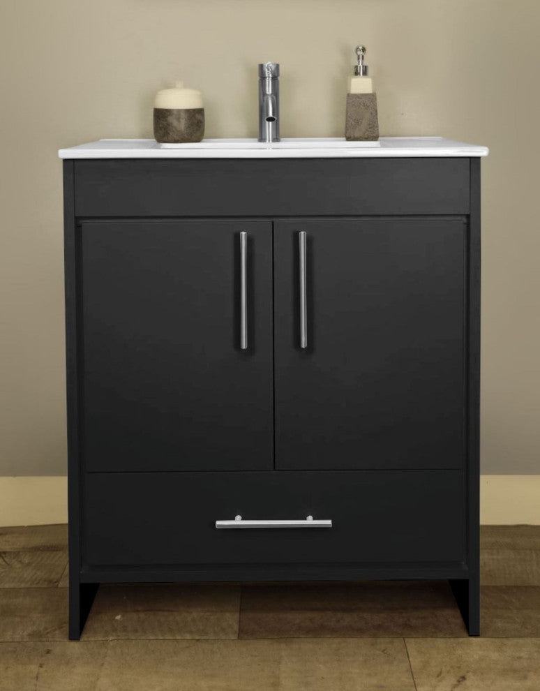 Pacific 30" Vanity With Integrated Ceramic Top and Brushed Nickel Handles, Black