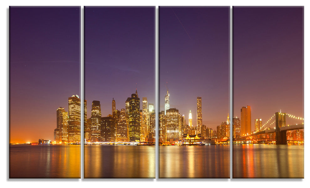 "Illuminated Nyc Downtown Buildings" Canvas Print48"x28", 4-Panels