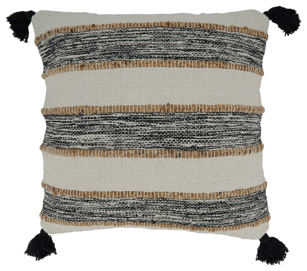Striped Pillow With Tassel Corners Design, Black/White, 20", Poly Filled