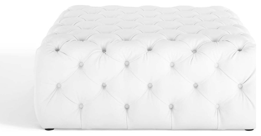 Tufted Accent Chair Ottoman, Square, Faux Leather, White, Modern, Lounge