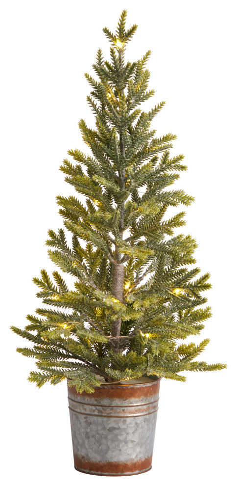 26" Pine Natural Look" Christmas Tree With 35 White Lights, Rustic Metal Planter