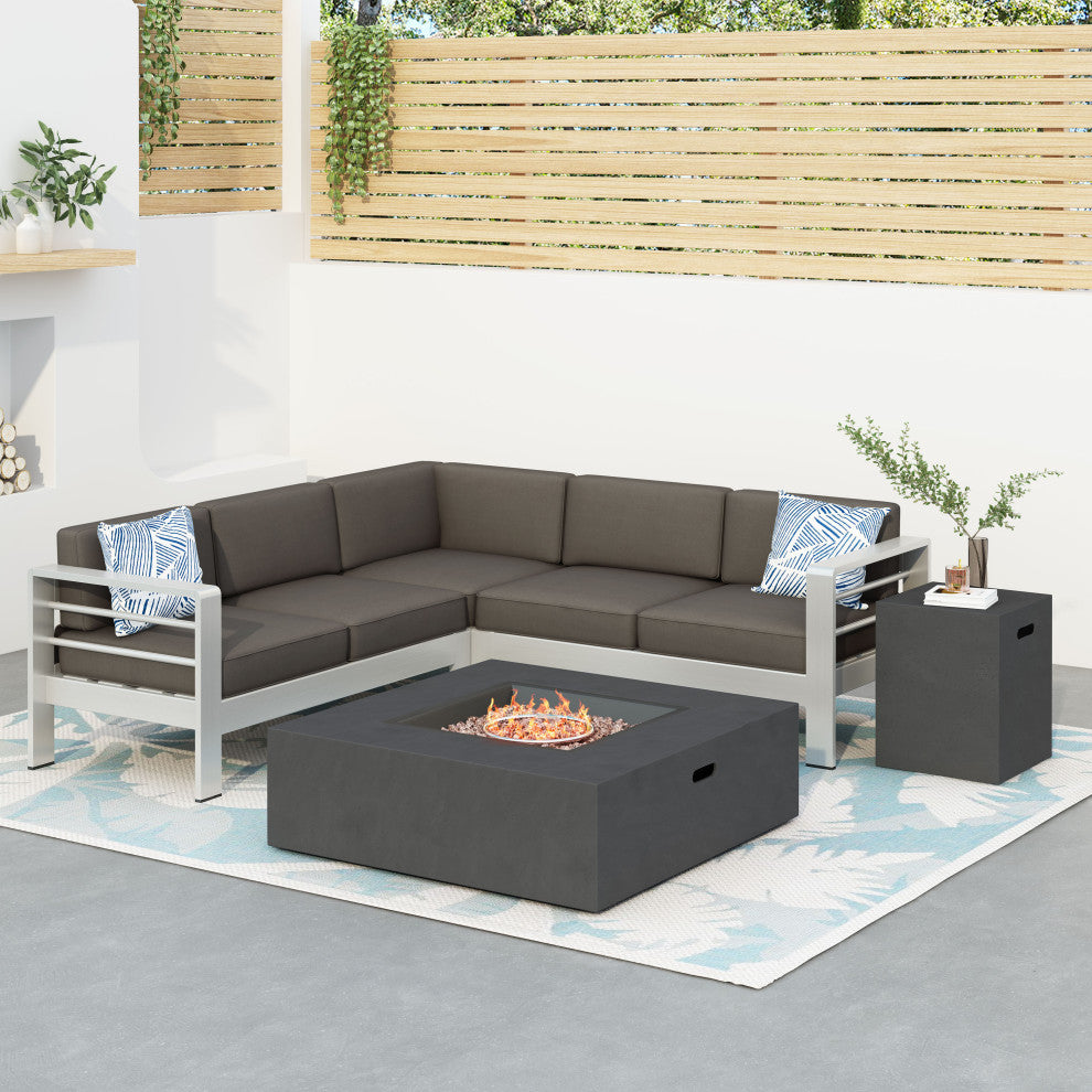 GDF Studio Crested Bay Outdoor Aluminum Framed Sofa Set With Fire Table, Dark Gray